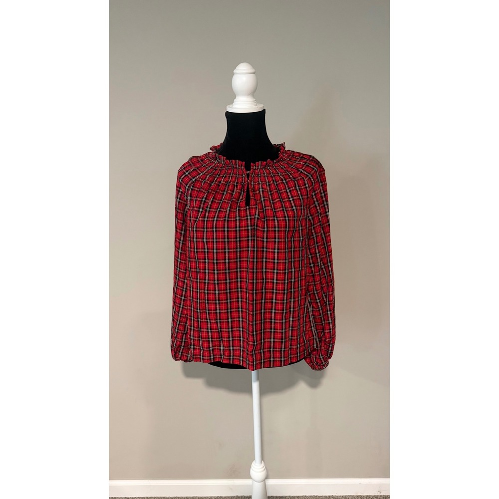 Old Navy Plaid Peasant Blouse Womens Small Red Smocked Neck Boho Cottagecore